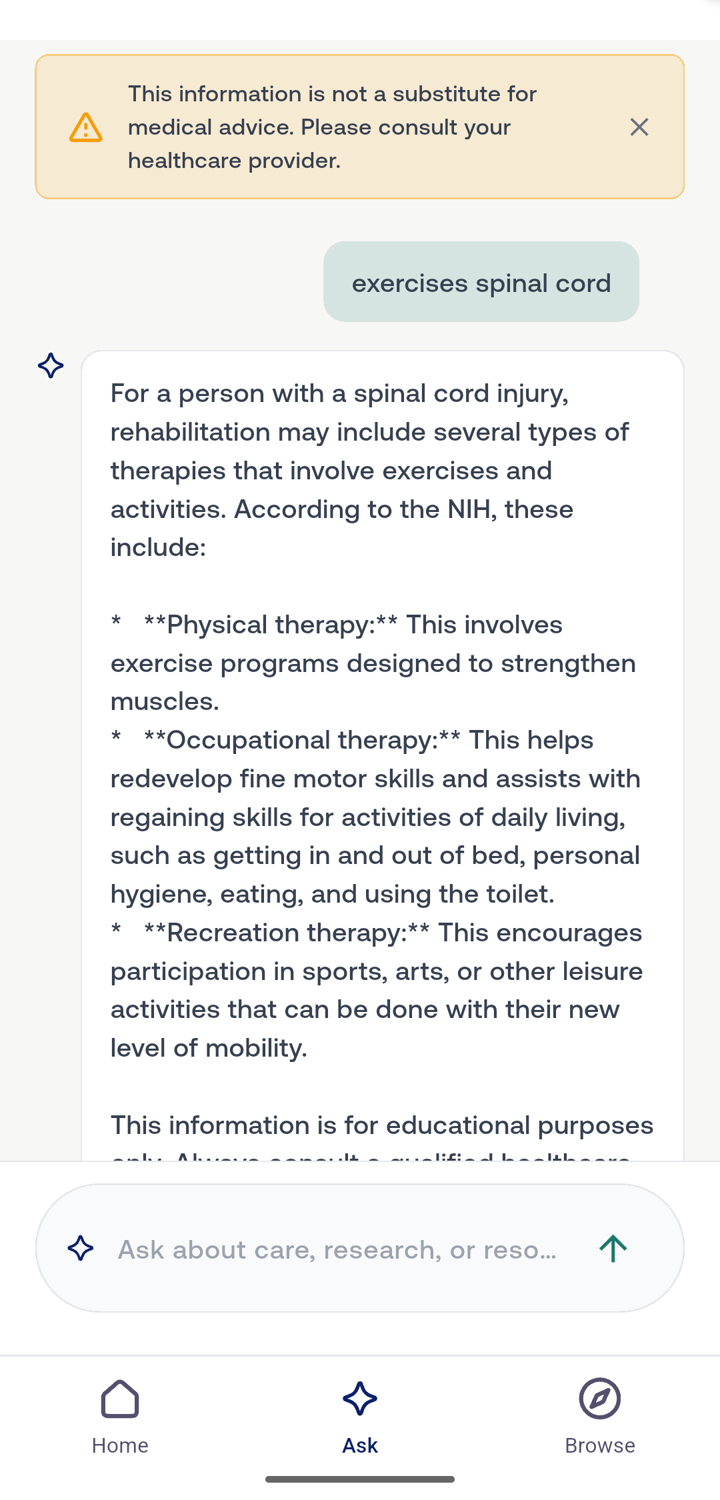 An AI chat answer about exercises after a spinal cord injury, with a medical disclaimer