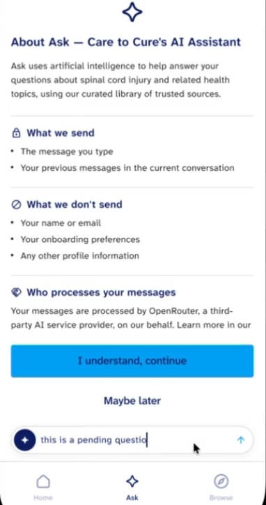 The AI chat consent sheet explaining what is sent and who processes it