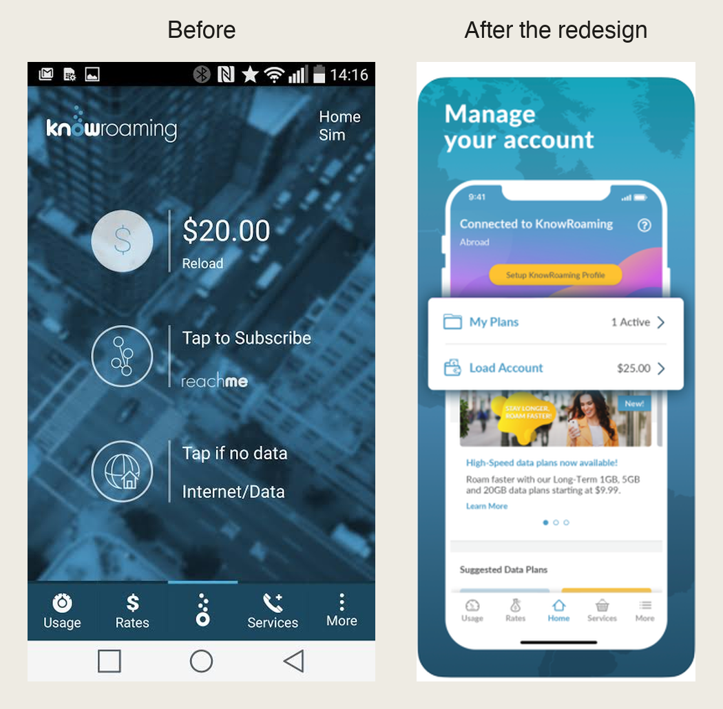 The home screen before I joined, next to the redesigned home screen