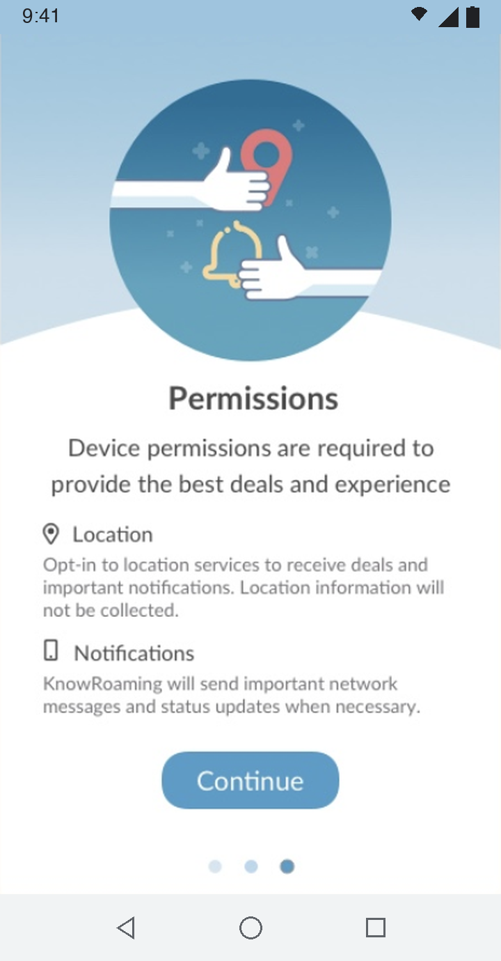 Onboarding page 3: why the app asks for location and notification permissions