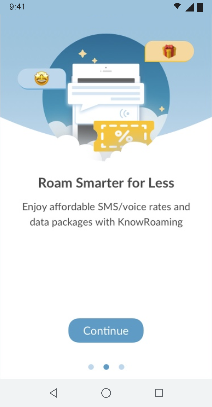 Onboarding page 2: Roam Smarter for Less, with SMS, voice and data packages