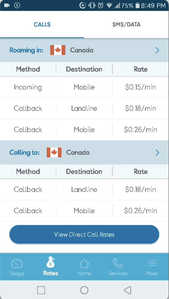 Call rates for roaming in Canada and calling Canada, with a button for direct call rates