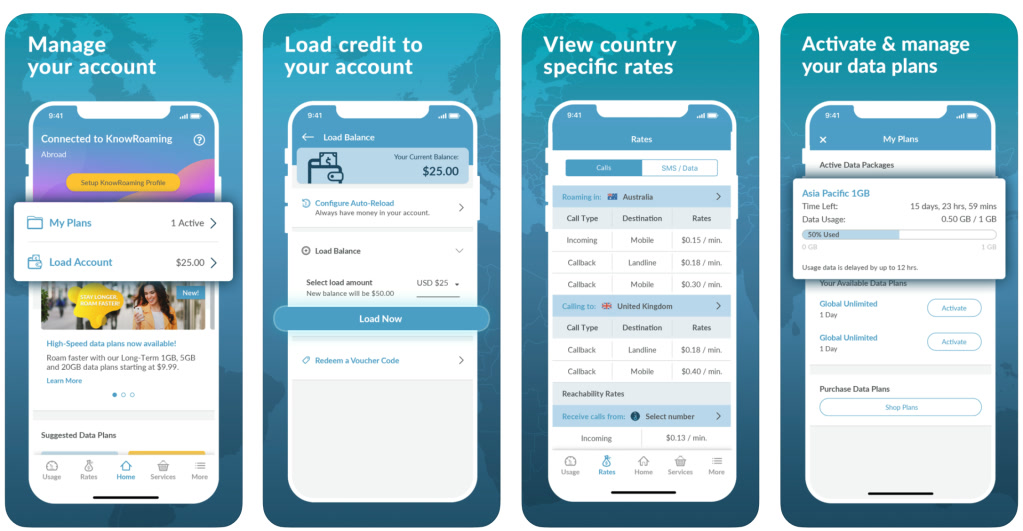 Four store listing images of the redesign: manage your account, load credit, view country rates, and manage data plans