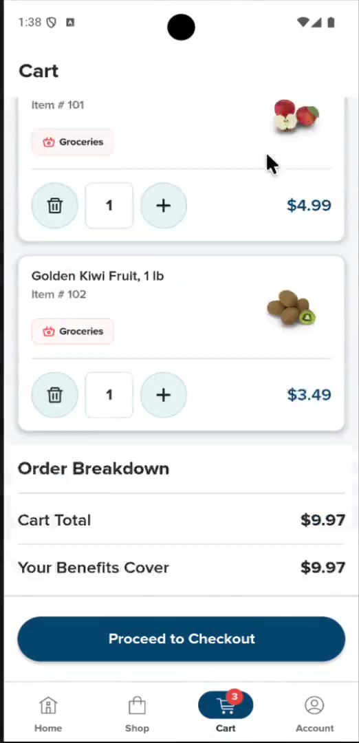 Shopping, cart and the three-step checkout ending in an order confirmation