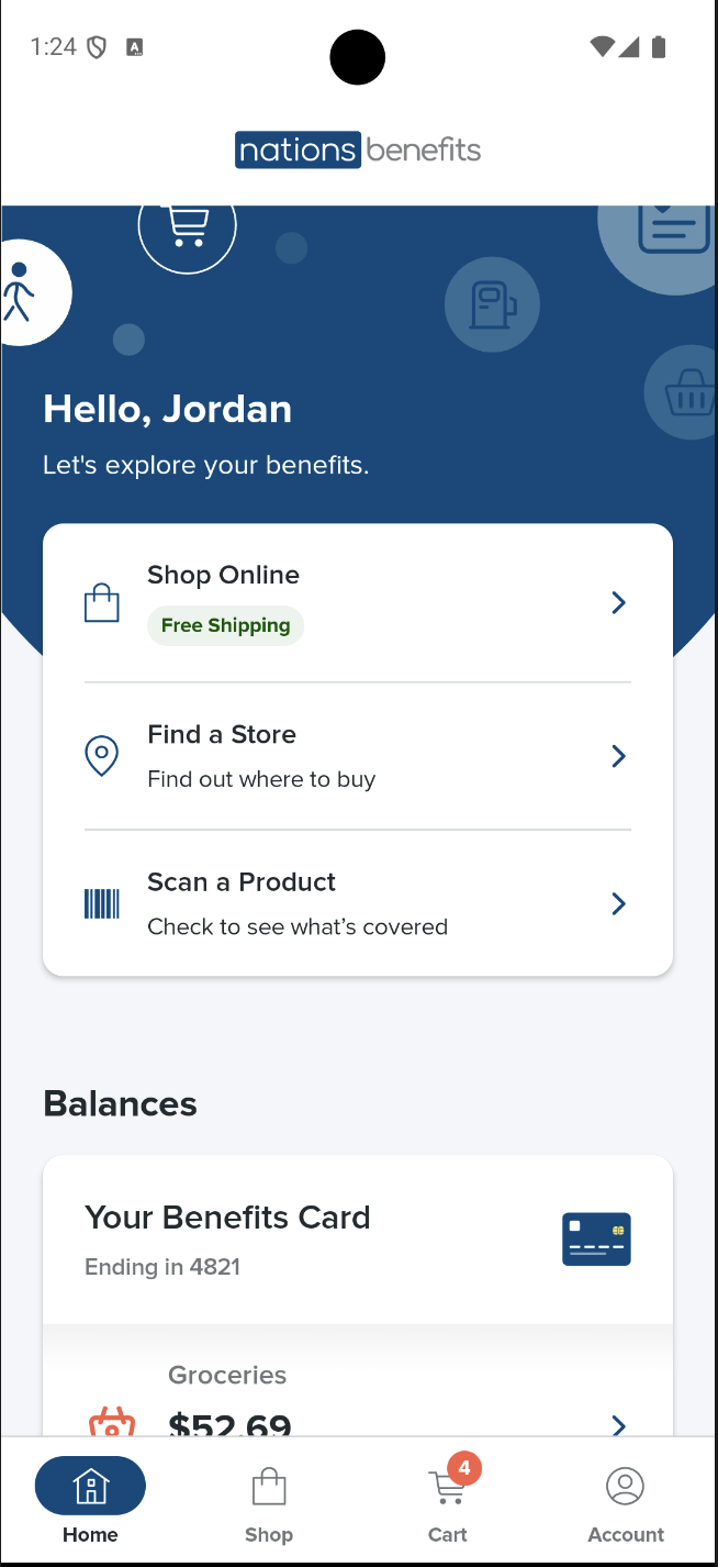 The home dashboard with the greeting header and benefit balances