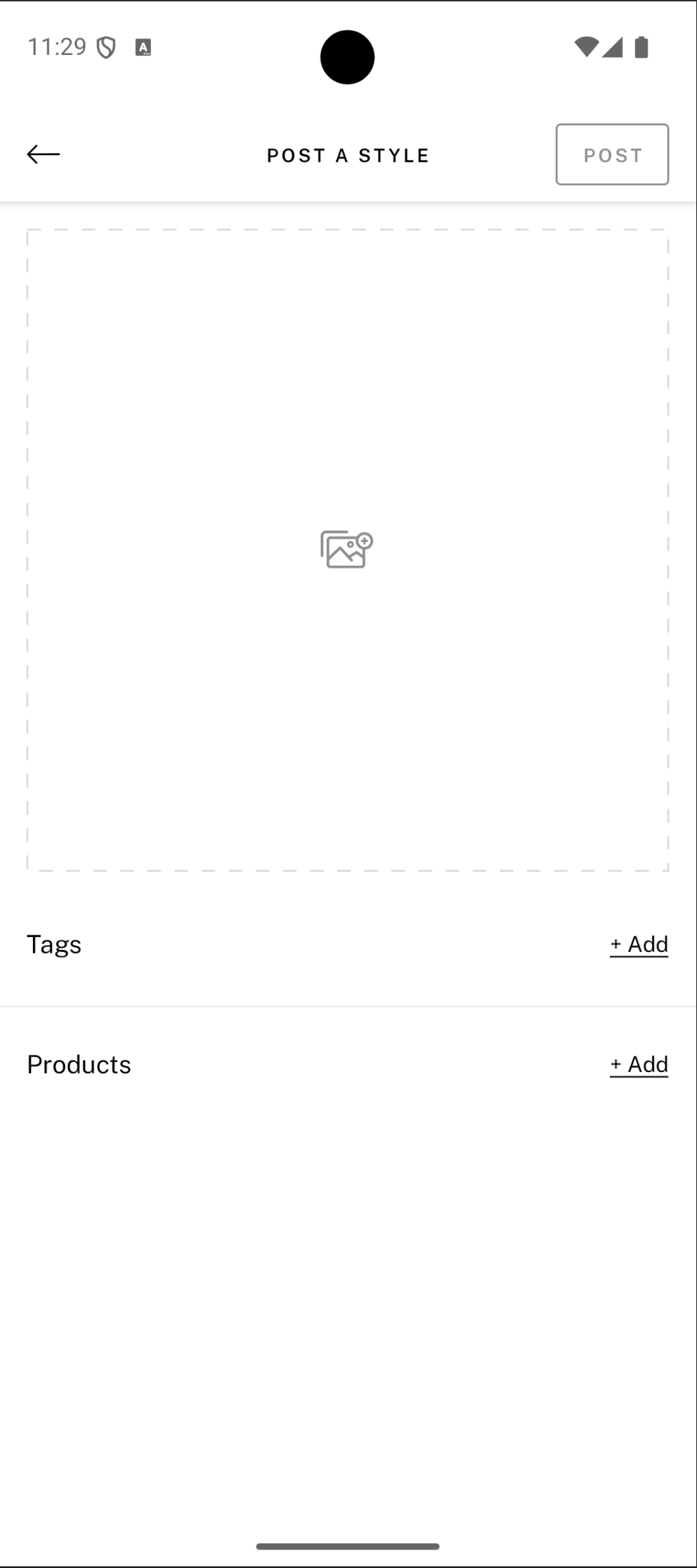 The create-a-style screen with tags and products